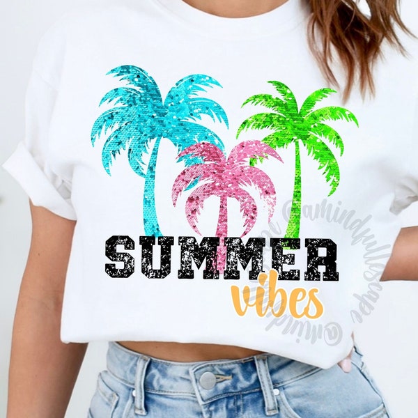 Summer Vibes PNG, Springbreak Shirt Design, Sparkly Faux Sequins Palm Trees, Vaca PNG, DTF, Sublimation Download