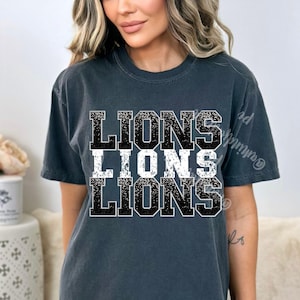 Lions PNG, Lions Faux Sequins Letters, School Mascot Shirt Design, Team Spirit, Sports DTF Design, Sublimation Download, Game Day Shirt PNG