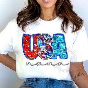 Design de camisa Nana de 4 de julho, letras bordadas de lantejoulas artificiais dos EUA, Nana americana PNG, vermelho, branco e azul, 4 de julho