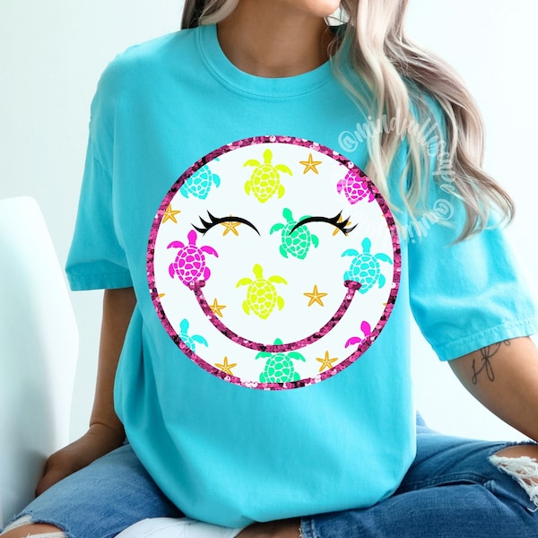 Colorful Turtle PNG, Springbreak Shirt Design, Sparkly Faux Sequins Smiley, Smiley Face PNG, Beach Vibes, Trendy Summer PNG