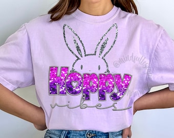 Hoppy Easter Bunny Shirt Design, Sparkly Bunny PNG, Faux Embroidered Letters Sublimation, Digital Download, Hoppy Easter