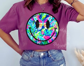 Preppy Happy Face PNG, Butterfly Smiley Face Shirt Design, Floral Smile Face, Butterfly Png, Summer Smiley, Instant Download