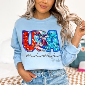 4. Juli Mimi Shirt Design, Mimi PNG, USA Faux Pailletten Gestickte Buchstaben, Amerikanische PNG, Rot, Weiß und Blau, Fourth of Jul Sublimation