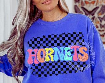 Hornets PNG, Colorful Hornets Checkered File, School Mascot Shirt Design, Sports Team, DTF, Sublimation Download, Game Day Shirt PNG