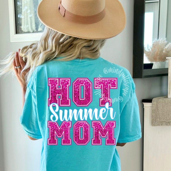 Pink Hot Mom Summer PNG, Sparkly Faux Sequins Varsity Letters, Trendy Summer Design, Summer PNG, DTF, Sublimation Download