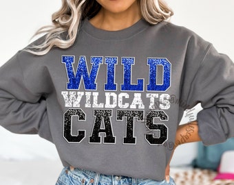 Wildcats PNG, Wildcats Blue Faux Sequins Letters, School Mascot Shirt Design, Sports Team, DTF, Sublimation Download, Game Day Shirt PNG