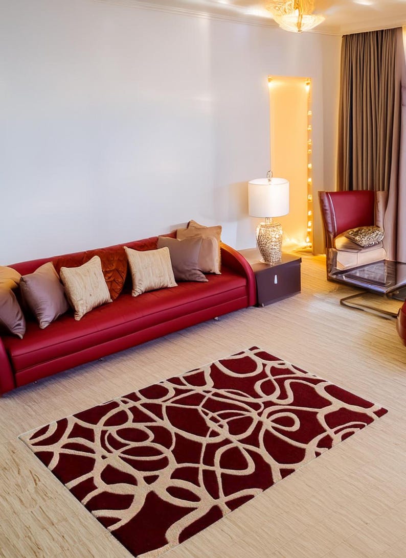 Modern Red and Beige Abstract Patterned Area Rug for Living Room