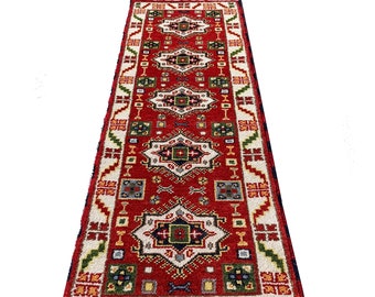 Neu Läufer 2'.2"x16.7" Rot und Grün Graue Wolle handgeknüpft traditionell Vintage Antik Southwestern Kazak Teppich Geschenk Weihnachten Neujahr