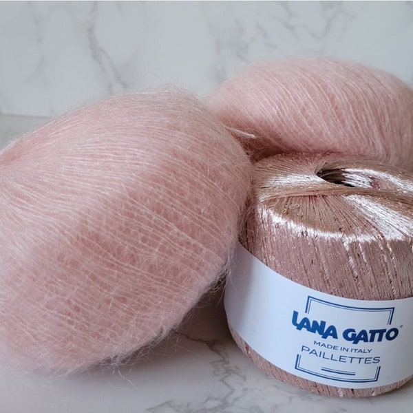 1 pelote de Lana Gatto Silk Mohair et 1 pelote de Paillettes, cadeau parfait pour les tricoteuses, cadeau de Noel, fil scintillant, fil à sequins