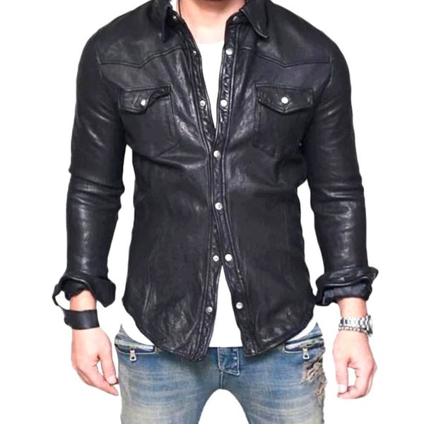 Men's Leather Shirt - Lambskin  - Lederhemd Leder Schwarz Shirt