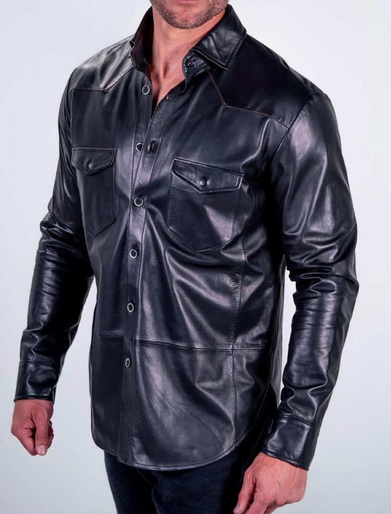 Men's Leather Shirt Lambskin Lederhemd Leder Schwarz Shirt, Lightweight Shirt image 2