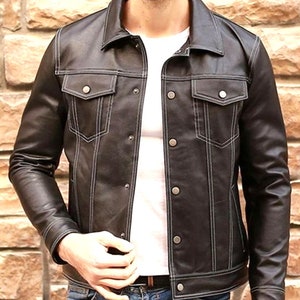 Men&#39;s Original Lambskin Leather Shirt - Black, Trucker Jacket, Lederhemd Leder, Schwarz Shirt