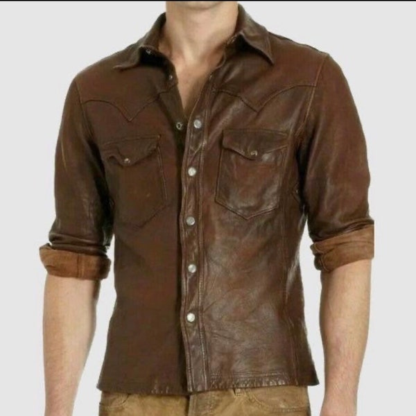 Real Leather Shirt for Men,  Sheepskin, Soft Leather Red/Brown, Cuir Gay Lederhemd Leder Brown Modern Shirt Botton up, Trucker Jacket