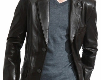Mens Black Lambskin Leather Blazer: Soft Formal Winter Coat