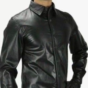 Men’s Genuine Leather Shirt, Black, Lambskin Shirt Black, Cuir Gay Lederhemd Leder Schwarz Shirt Botton up