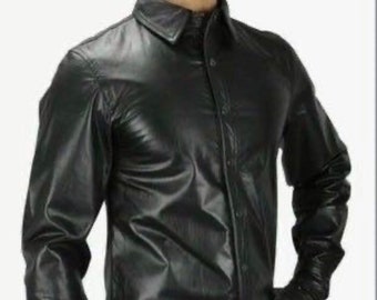 Men’s Genuine Leather Shirt, Black, Lambskin Shirt Black, Cuir Gay Lederhemd Leder Schwarz Shirt Botton up