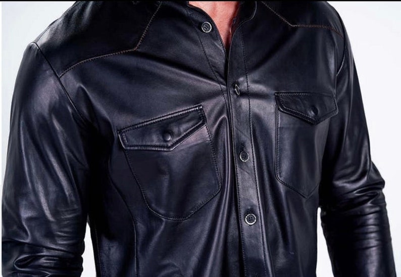 Men's Leather Shirt Lambskin Lederhemd Leder Schwarz Shirt, Lightweight Shirt image 3