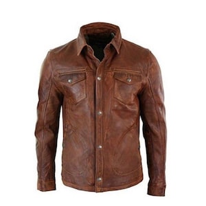Blouson en cuir véritable - Homme - Marron - Cuir Lederhemd Leder - Chemise bleu marine - Bottines - Cuir d'agneau - Blouson camionneur