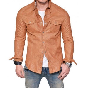 Men&#39;s Lambskin Leather Shirt - Genuine Leather - Fitted
