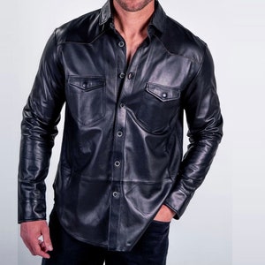 Chemise en cuir pour homme - Cuir d'agneau - Lederhemd Leder Schwarz Shirt, Chemise légère