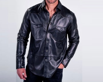 Men's Leather Shirt - Lambskin  - Lederhemd Leder Schwarz Shirt, Lightweight Shirt