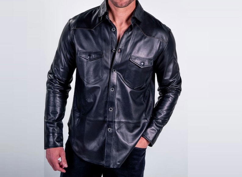 Men's Leather Shirt Lambskin Lederhemd Leder Schwarz Shirt, Lightweight Shirt image 1