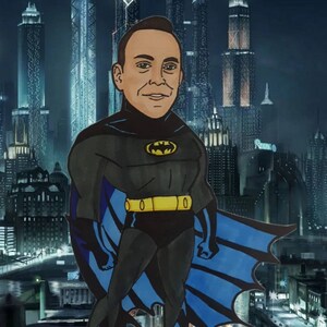 Desenho animado personalizado de super-herói ou vilão desenhado à mão A4 com fundo digital