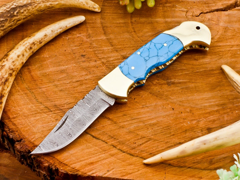 Folding Knife, Turquoise Stone and Brass Handle, Beautiful Knife With