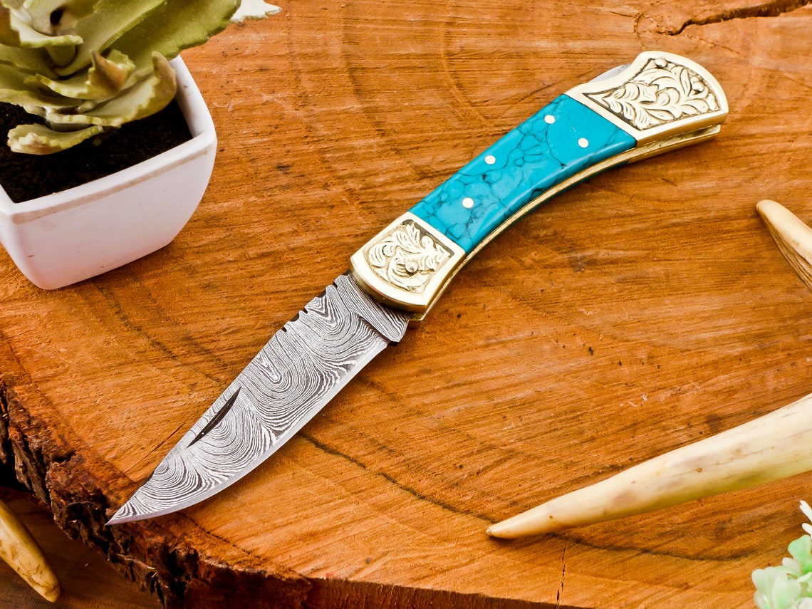 Folding Knife, Turquoise Stone and Brass Handle, Beautiful Knife With Sheath Best for Gift