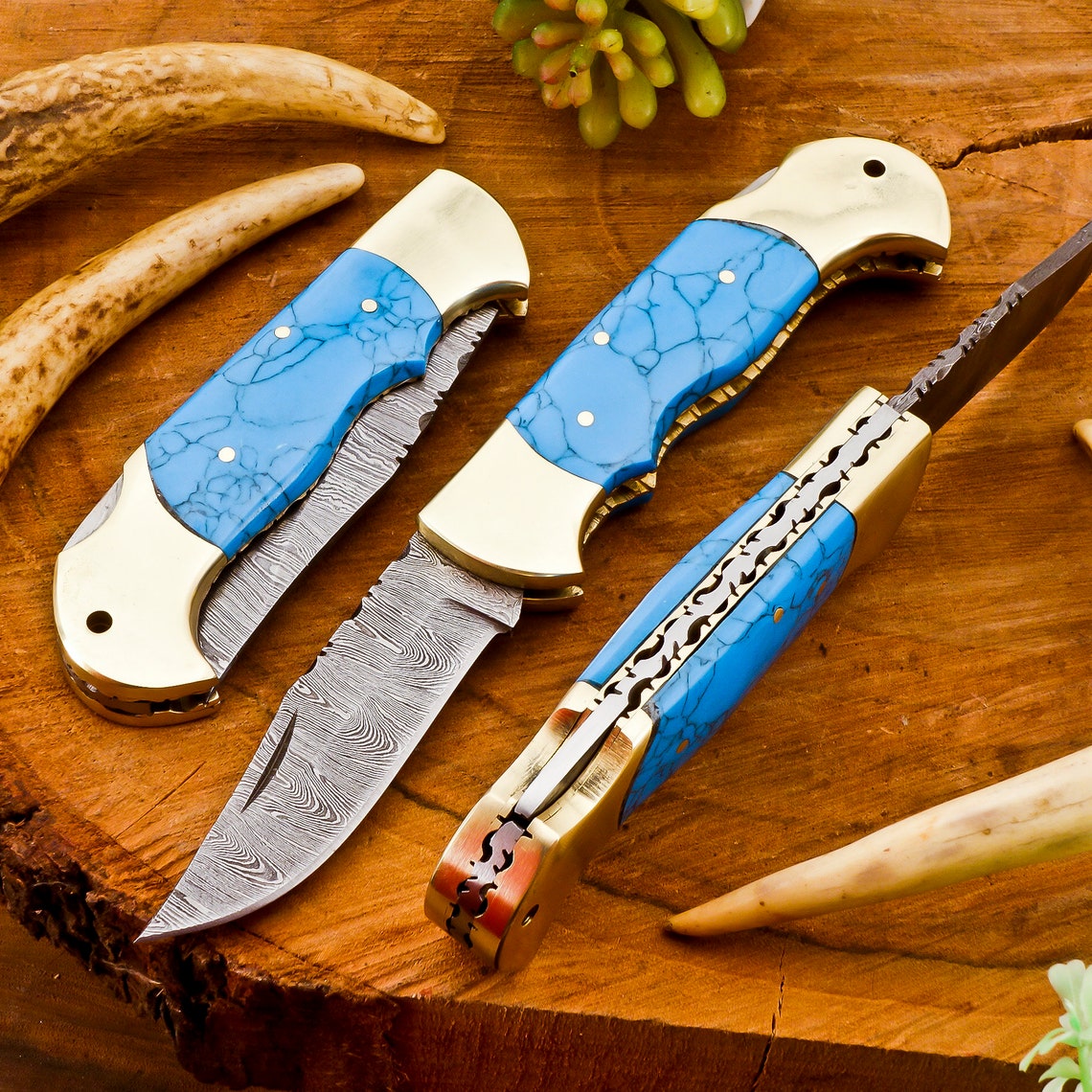 Folding Knife, Turquoise Stone and Brass Handle, Beautiful Knife With Sheath Best for Gift