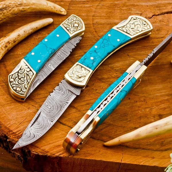 Folding Knife, Turquoise Stone And Brass Handle, Beautiful Knife With Sheath Best for Gift, Pocket Knife For Hiking and Climb For Mountain.