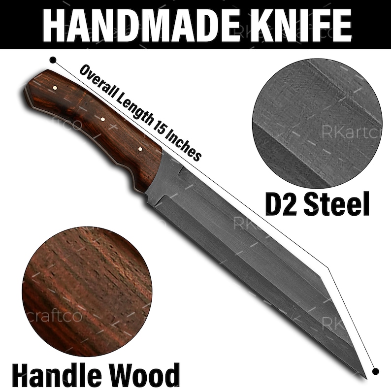 May include: Handmade knife with a dark wood handle and a grey steel blade. The blade is 15 inches long. The knife is labelled "D2 Steel" and "Handle Wood".