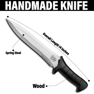 May include: A handmade knife with a black handle and a silver blade. The blade is 14 inches long and is made of spring steel. The handle is made of wood.