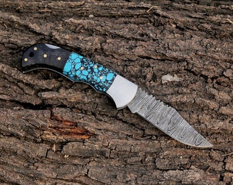Handmade Folding Knife  - Perfect Gift for Him, Ideal Pocket Knife for Hiking and Climbing , Stone Handle