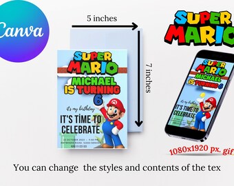 Mario Einladung | Super Mario Brothers | Digitaler Download | Bearbeitbar In Canva Printable Download | Videospiel Birthday Kid Invite