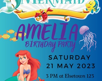 Little Mermaid Birthday invitation| Mermaid Ariel Birthday Invite| Princess invitation| Kids party| Girl invitation| Edit with Canva|