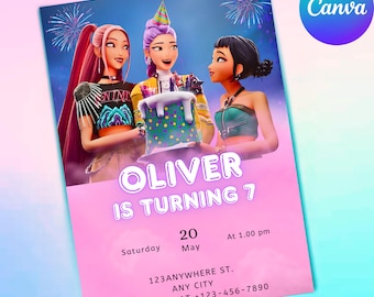 Kpop Demon Hunters Birthday Invitation, Editable Canva Template, Girl Party Invite (Digital Download)