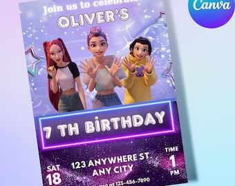 Kpop Demon Hunters Birthday Invitation, Editable Canva Template, K-pop Invites Digital Download