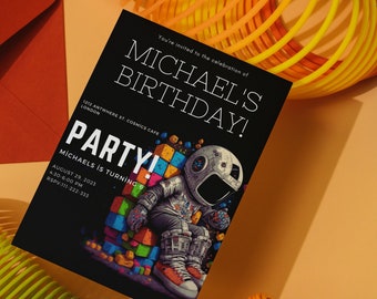 Outer Space Birthday Invitation Template, Planets Rocket Ship Astronaut Invite, Galaxy Blast Off Invitation, Editable Invitation