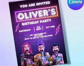 Kpop Demon Hunters Birthday Invitation, Purple Glow Party Invite, Editable Canva Template (Digital Download)