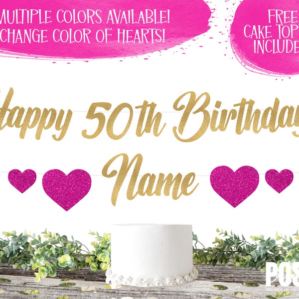 PERSONALIZE Happy 50th Birthday Banner Free Cake Topper! Turning 50! 50th Birthday, 50th Birthday Decor, 50th Birthday banner