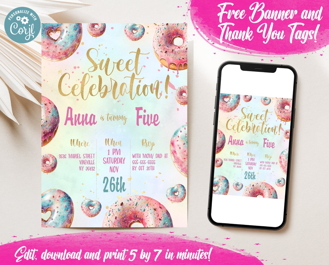 FREE TRIAL EDITABLE Donut Party, Instant Download E-invite, Printable ...
