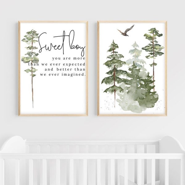 Sweet Boy You Are More Than We Ever Imagined, Set of 2 Nursery Prints, Boys Room Prints, Signs, Forest, Deer, Woodland Nursery, Wall Decor