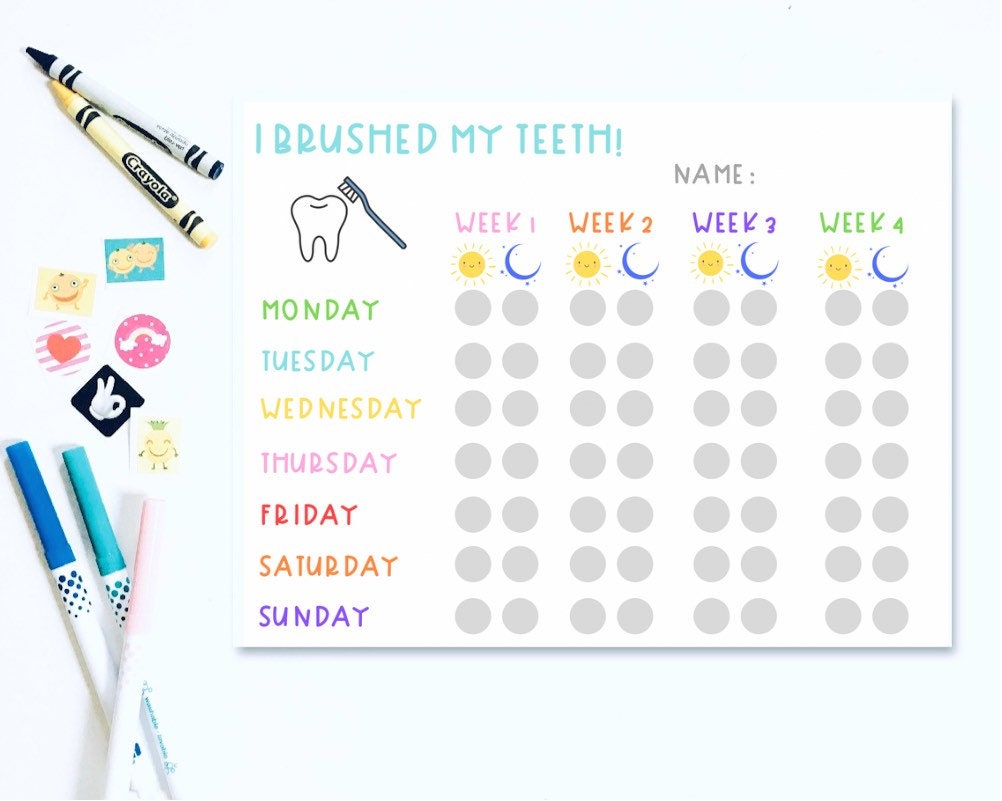 Teeth Brushing Chart Sticker Chart Kid's Printable Teeth Etsy Canada