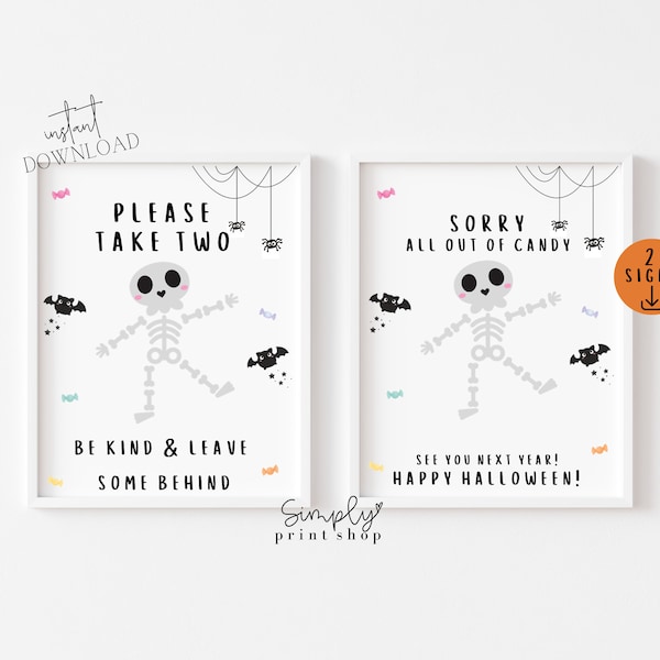 Trick or Treat Candy Bowl Signs, Please Take Two Sign, Printable, Tag, Front Door or Porch Sign, Happy Halloween Sign Out of Candy, Skeleton