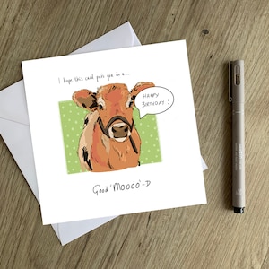 Verjaardagskaart koe - met de hand getekende originele verjaardagskaart koe tekening - ik hoop je hiermee in een goed humeur te brengen