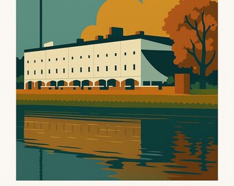 May include: A vintage-style poster featuring Fulham's Craven Cottage stadium. The illustration shows the stadium reflected in the water, with text that reads "FULHAM CRAVEN COTTAGE EST. 1896". The color palette includes teal, orange, and white.