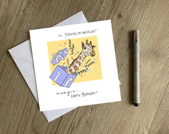 Carte d'anniversaire girafe - carte d'anniversaire girafe originale dessinée à la main - « Je tire le cou pour vous souhaiter un joyeux anniversaire »
