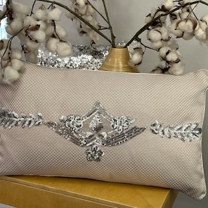 Shiny Sequin Embroidered Light Silver Throw Pillow Cover , Luxurious, Elegant Home Decor, Hand Embroidered Glitter Pillowcase for Sofa, Bed