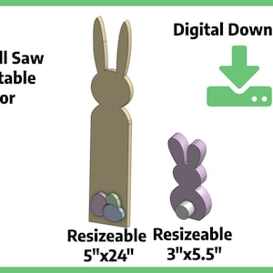 May include: Digital download of two bunny scroll saw patterns. The larger bunny is 5 inches wide by 24 inches tall and the smaller bunny is 3 inches wide by 5.5 inches tall. The patterns are available in PDF, CNC, STL, SVG, DXF, AI, and PNG formats.